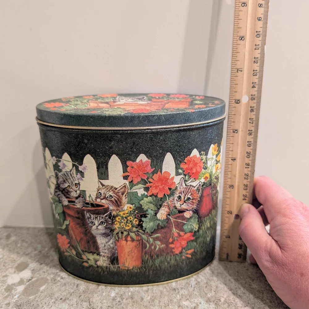 Vintage Oval Tin with Kittens Flowers and Pots